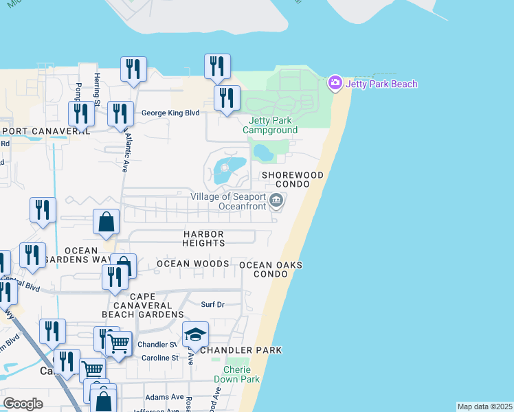 map of restaurants, bars, coffee shops, grocery stores, and more near 807 Mystic Drive in Cape Canaveral