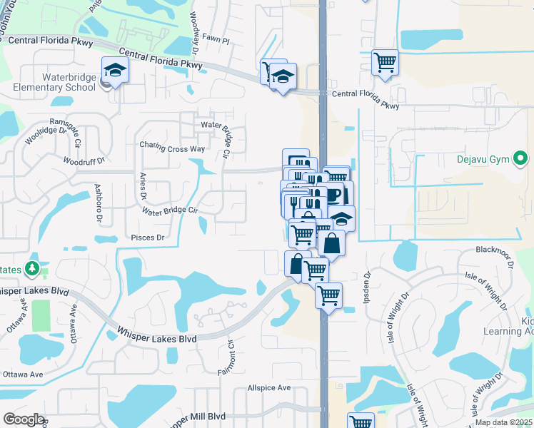 map of restaurants, bars, coffee shops, grocery stores, and more near 11302 Isle of Waterbridge in Orlando