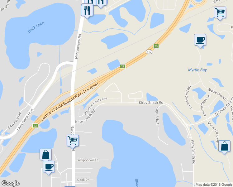 map of restaurants, bars, coffee shops, grocery stores, and more near 11507 Malverns Loop in Orlando