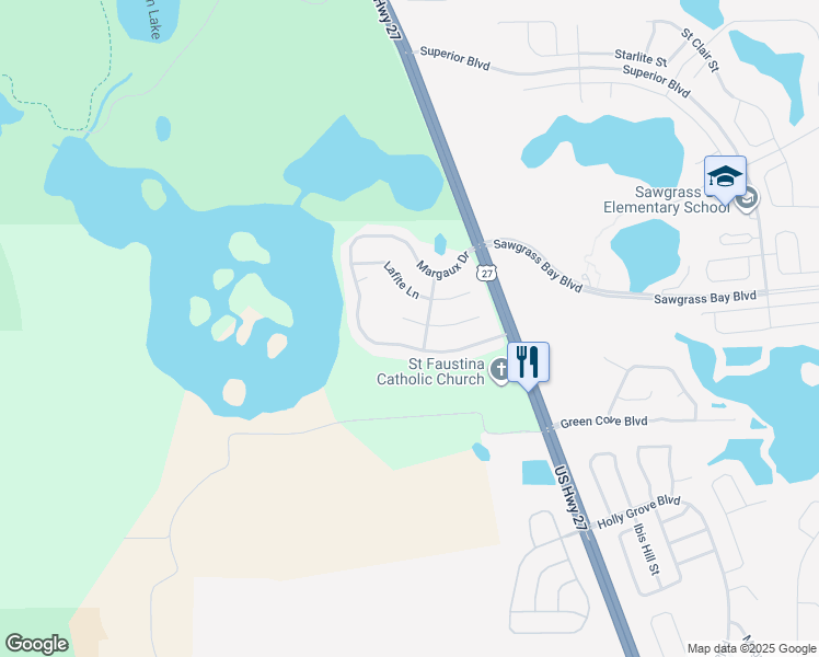 map of restaurants, bars, coffee shops, grocery stores, and more near 15318 Petrus Lane in Clermont