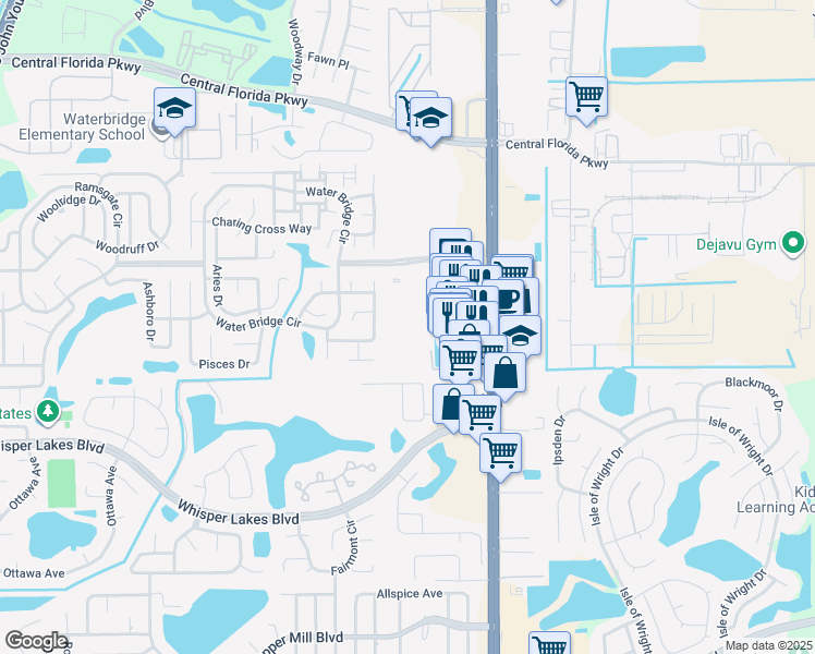 map of restaurants, bars, coffee shops, grocery stores, and more near 11302 Isle of Waterbridge in Orlando