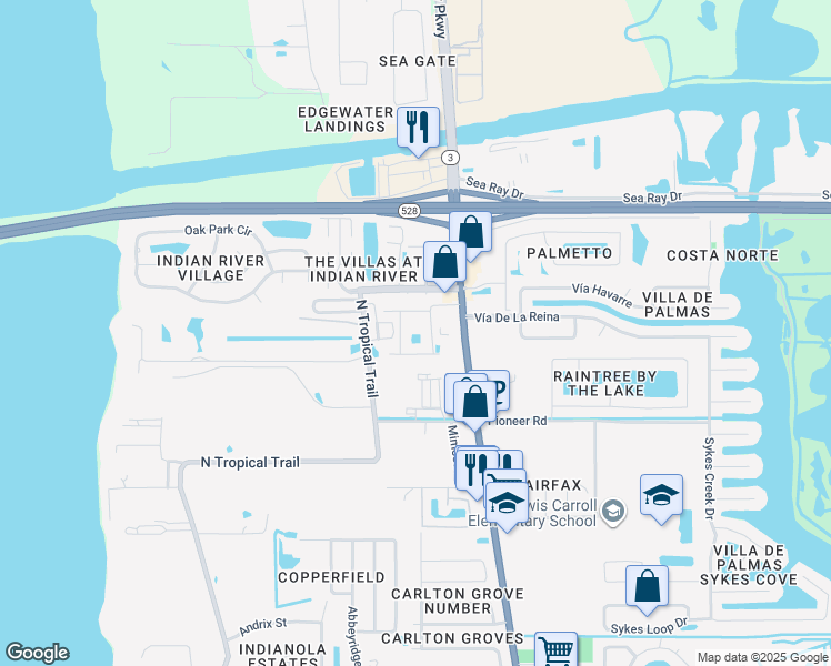 map of restaurants, bars, coffee shops, grocery stores, and more near 290 Spring Drive in Merritt Island