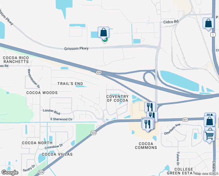 map of restaurants, bars, coffee shops, grocery stores, and more near 3150 Dunhill Dr in Cocoa