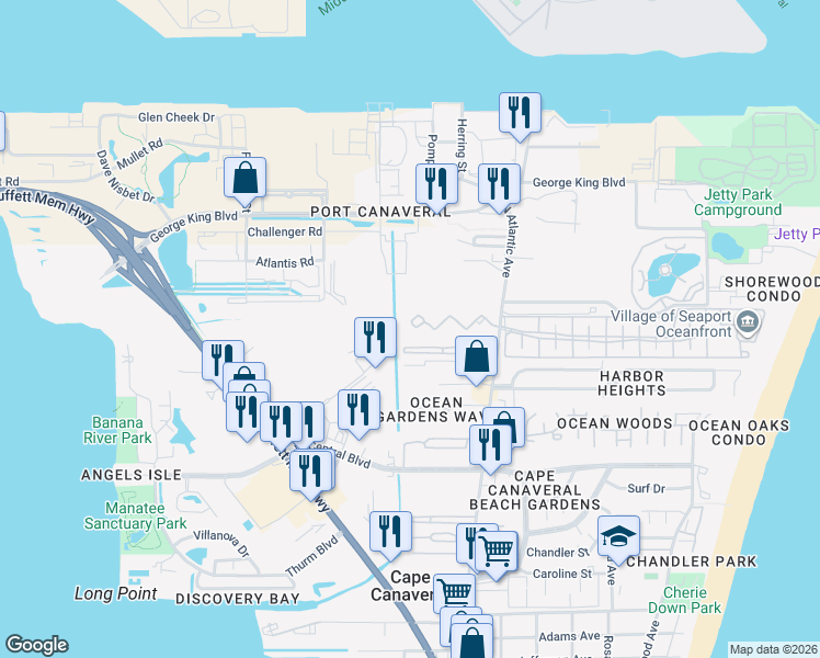 map of restaurants, bars, coffee shops, grocery stores, and more near 161 Portside Avenue in Cape Canaveral