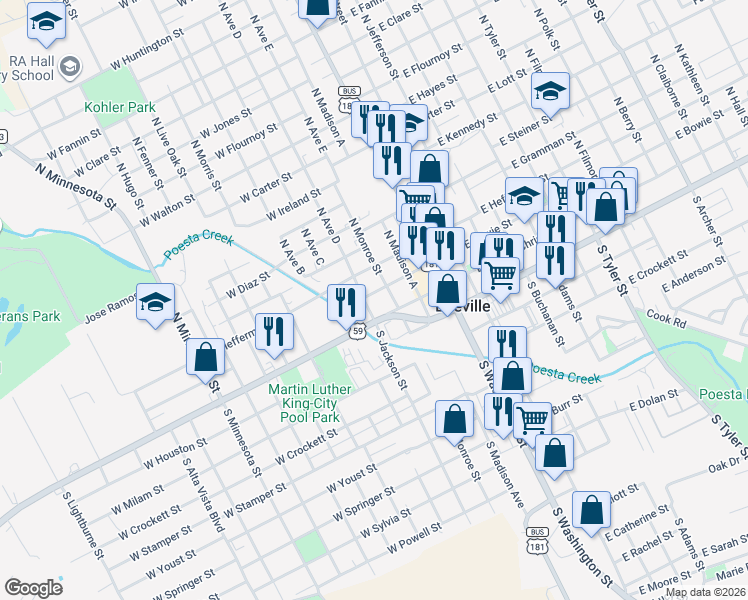 map of restaurants, bars, coffee shops, grocery stores, and more near 407 West Bowie Street in Beeville