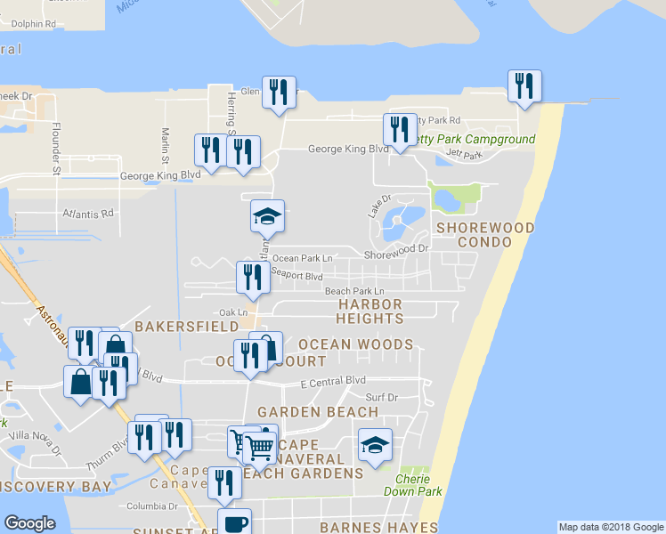 map of restaurants, bars, coffee shops, grocery stores, and more near 318 Seaport Boulevard in Cape Canaveral