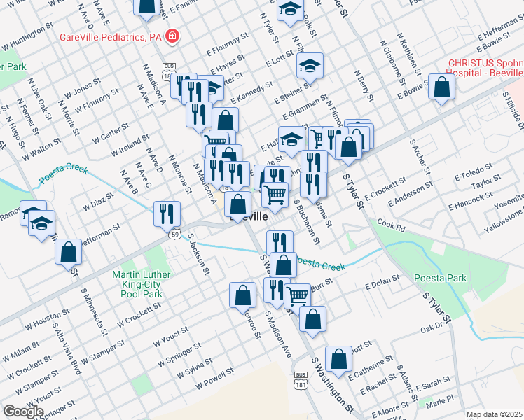 map of restaurants, bars, coffee shops, grocery stores, and more near 100 East Houston Street in Beeville