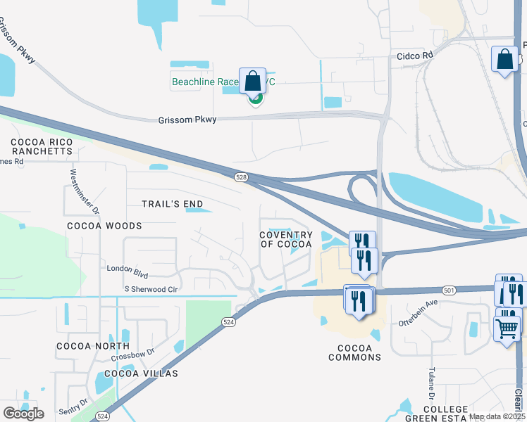 map of restaurants, bars, coffee shops, grocery stores, and more near 3154 Dunhill Drive in Cocoa