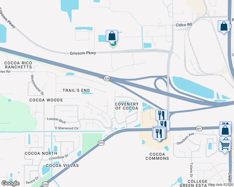map of restaurants, bars, coffee shops, grocery stores, and more near 3150 Dunhill Drive in Cocoa