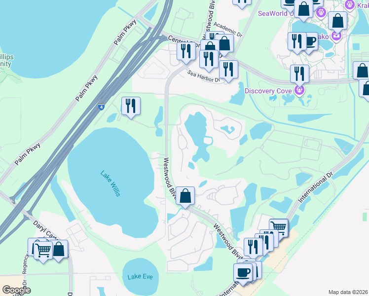 map of restaurants, bars, coffee shops, grocery stores, and more near 11251 Harbour Villa Road in Orlando