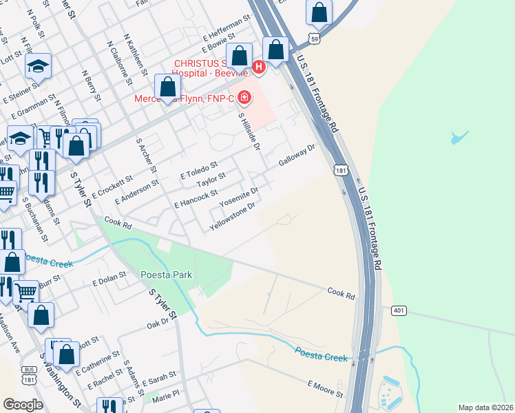 map of restaurants, bars, coffee shops, grocery stores, and more near 1402 Yellowstone Drive in Beeville