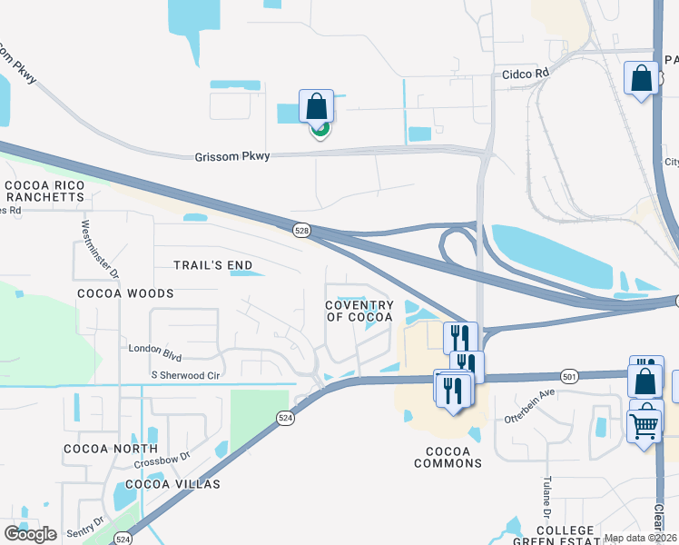 map of restaurants, bars, coffee shops, grocery stores, and more near 3150 Dunhill Drive in Cocoa