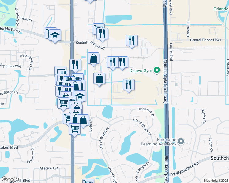 map of restaurants, bars, coffee shops, grocery stores, and more near 1832 Saturn Boulevard in Orlando