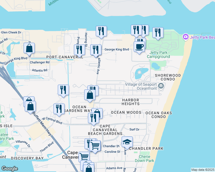map of restaurants, bars, coffee shops, grocery stores, and more near 519 Ocean Park Lane in Cape Canaveral