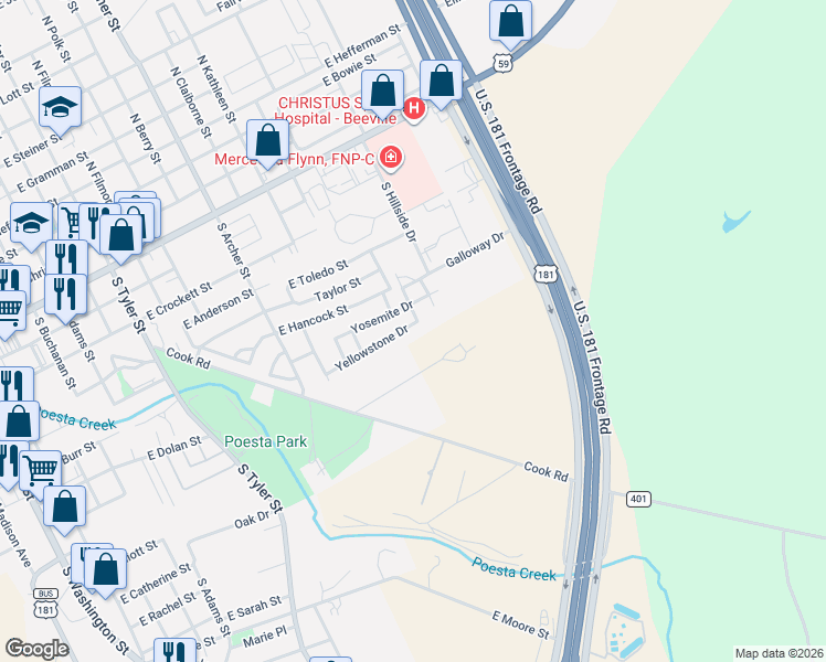 map of restaurants, bars, coffee shops, grocery stores, and more near 1402 Yellowstone Drive in Beeville