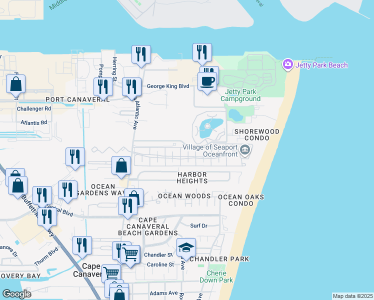 map of restaurants, bars, coffee shops, grocery stores, and more near 414 Seaport Boulevard in Cape Canaveral