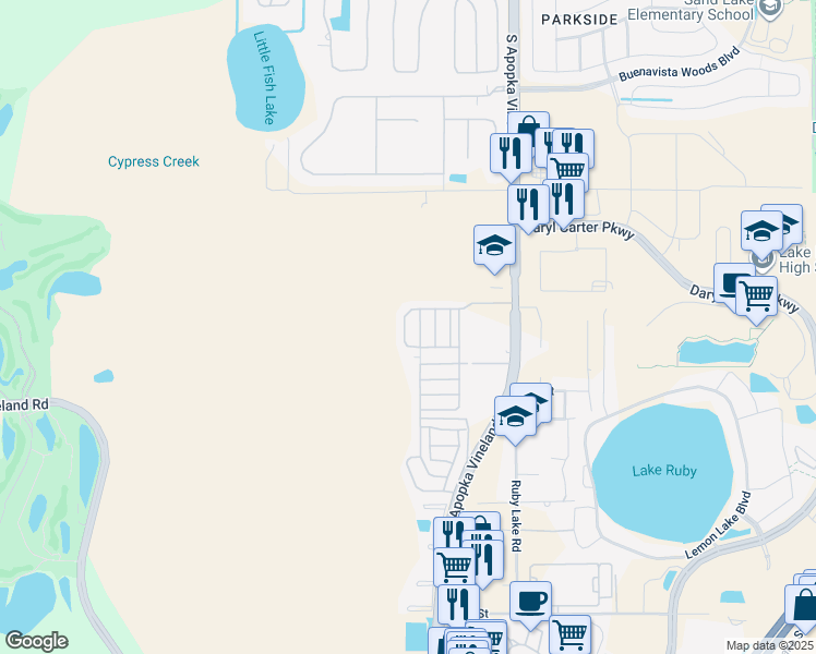 map of restaurants, bars, coffee shops, grocery stores, and more near 8950 Polynesian Lane in Orlando