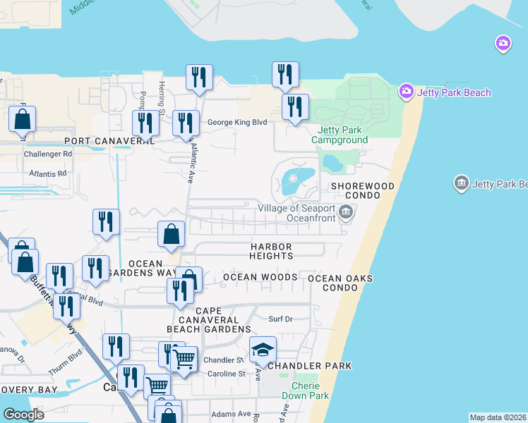 map of restaurants, bars, coffee shops, grocery stores, and more near 414 Seaport Boulevard in Cape Canaveral