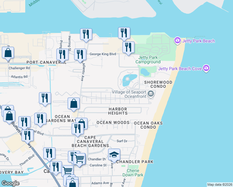 map of restaurants, bars, coffee shops, grocery stores, and more near 410 Seaport Boulevard in Cape Canaveral
