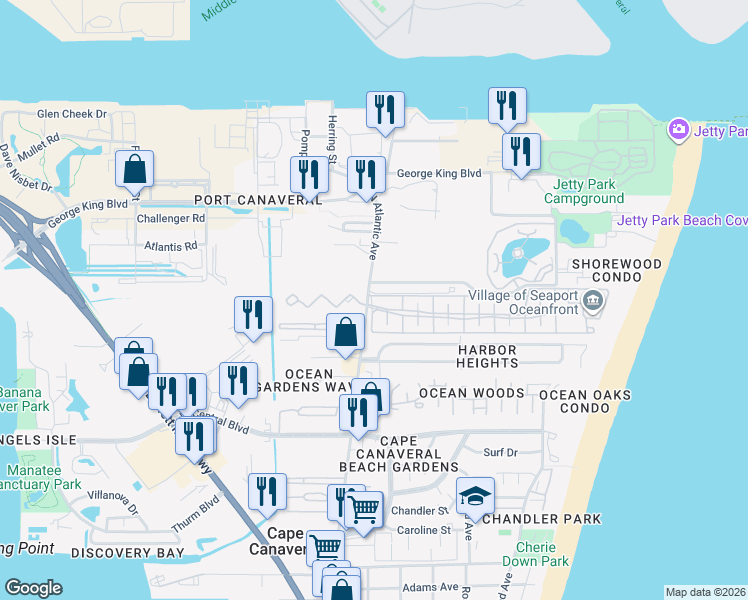 map of restaurants, bars, coffee shops, grocery stores, and more near 103 Ocean Park Lane in Cape Canaveral