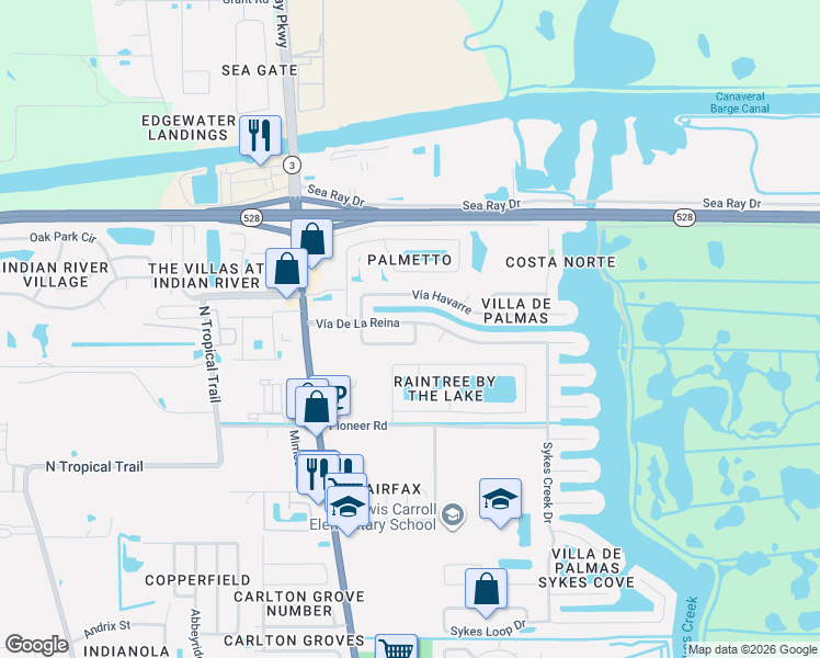 map of restaurants, bars, coffee shops, grocery stores, and more near 162 Las Palmas in Merritt Island