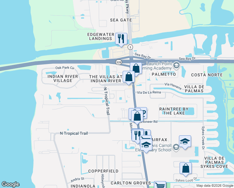 map of restaurants, bars, coffee shops, grocery stores, and more near 265 Spring Drive in Merritt Island