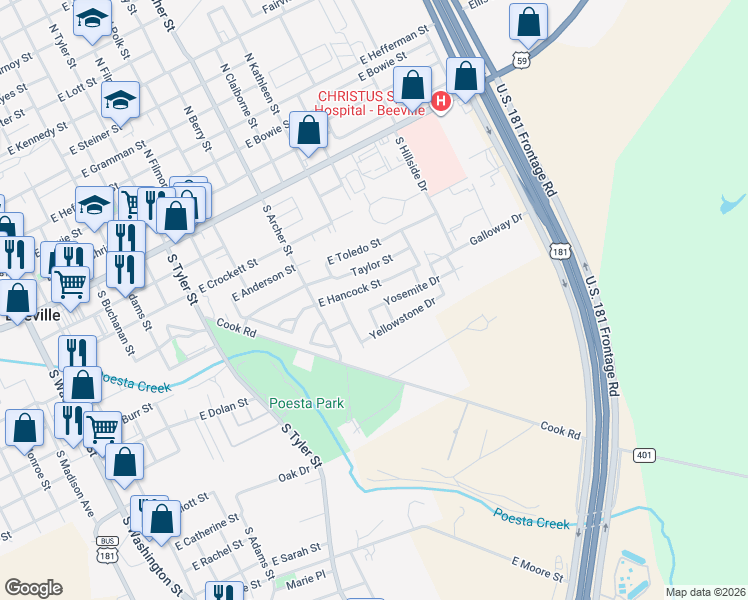 map of restaurants, bars, coffee shops, grocery stores, and more near 710 South Canyon Drive in Beeville