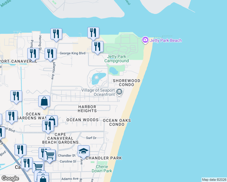map of restaurants, bars, coffee shops, grocery stores, and more near 807 Mystic Drive in Cape Canaveral