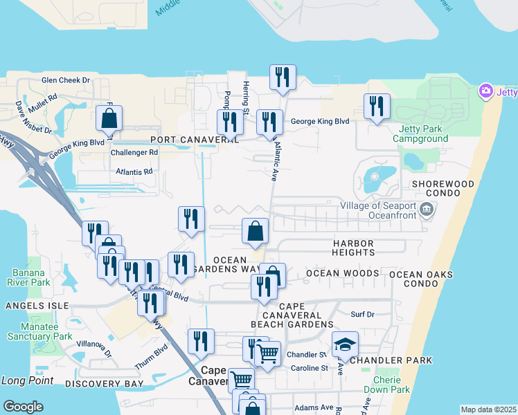map of restaurants, bars, coffee shops, grocery stores, and more near 121 Portside Avenue in Cape Canaveral