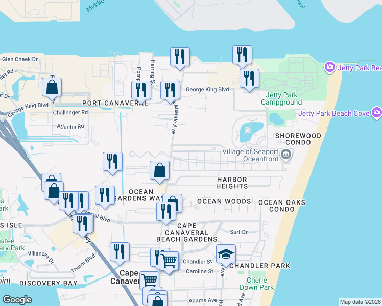 map of restaurants, bars, coffee shops, grocery stores, and more near 212 Seaport Boulevard in Cape Canaveral