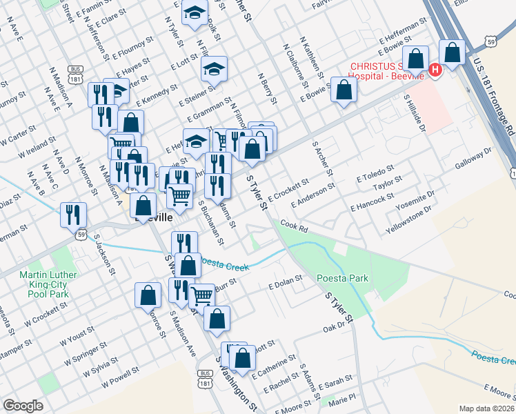 map of restaurants, bars, coffee shops, grocery stores, and more near 402 South Tyler Street in Beeville