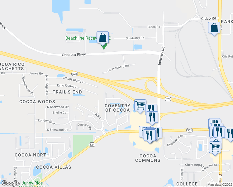map of restaurants, bars, coffee shops, grocery stores, and more near 3136 Crumpet Court in Cocoa