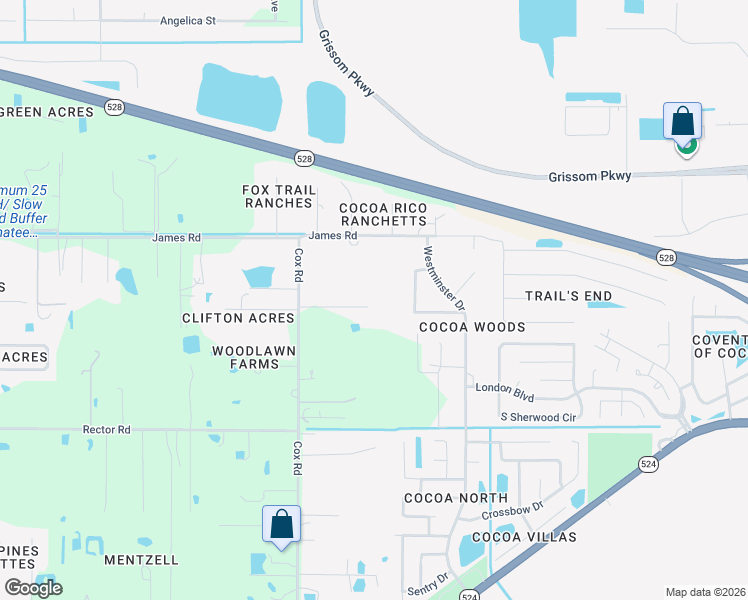 map of restaurants, bars, coffee shops, grocery stores, and more near 2565 Cox Road in Cocoa