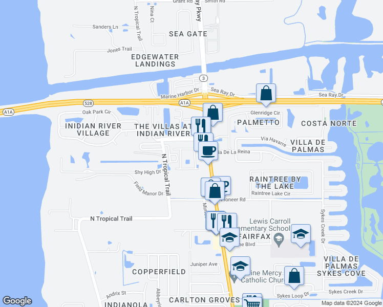 map of restaurants, bars, coffee shops, grocery stores, and more near 200 Spring Drive in Merritt Island