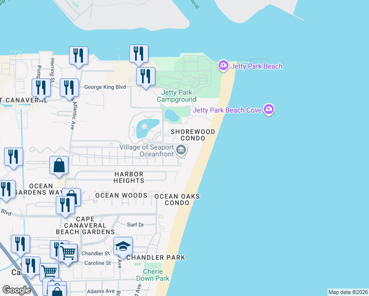 map of restaurants, bars, coffee shops, grocery stores, and more near 817 Mystic Drive in Cape Canaveral