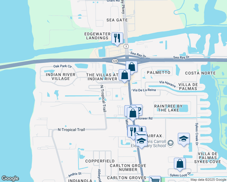 map of restaurants, bars, coffee shops, grocery stores, and more near 220 Spring Drive in Merritt Island