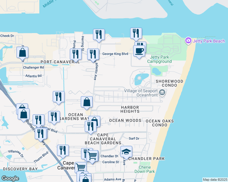 map of restaurants, bars, coffee shops, grocery stores, and more near 111 Ocean Park Lane in Cape Canaveral