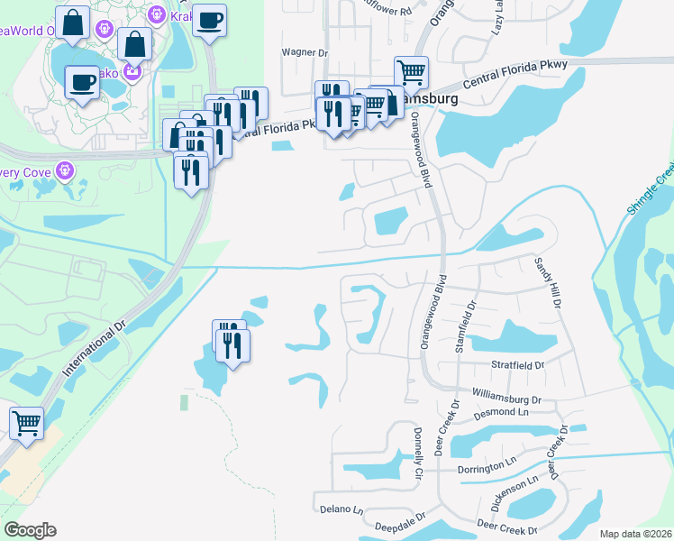 map of restaurants, bars, coffee shops, grocery stores, and more near 5819 Parkview Point Drive in Orlando