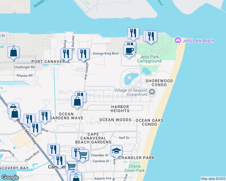 map of restaurants, bars, coffee shops, grocery stores, and more near 399 Ocean Park Lane in Cape Canaveral