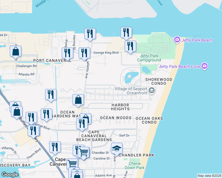 map of restaurants, bars, coffee shops, grocery stores, and more near 317 Ocean Park Lane in Cape Canaveral