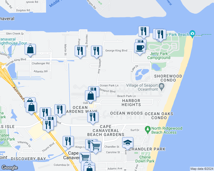 map of restaurants, bars, coffee shops, grocery stores, and more near 444 North Seaport Boulevard in Cape Canaveral