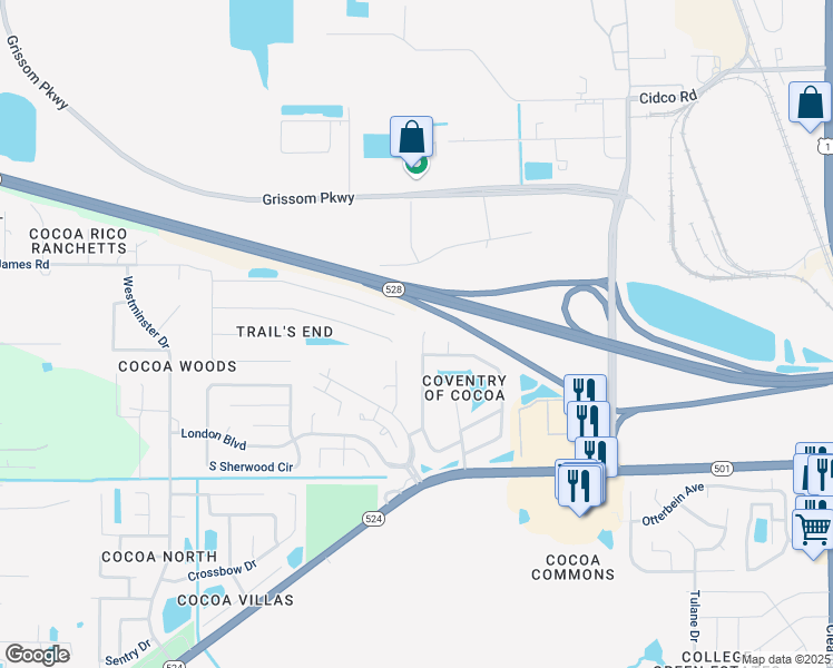 map of restaurants, bars, coffee shops, grocery stores, and more near 3150 Dunhill Drive in Cocoa