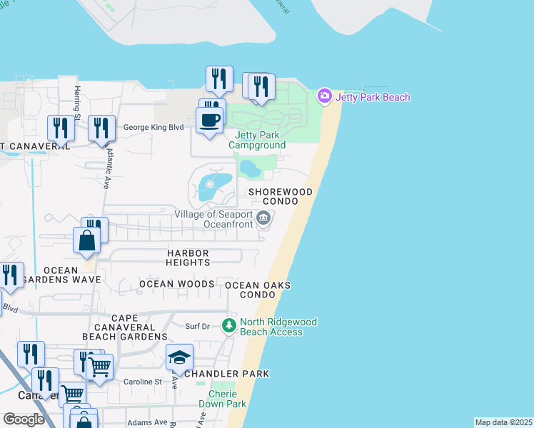 map of restaurants, bars, coffee shops, grocery stores, and more near 817 Mystic Drive in Cape Canaveral