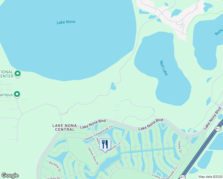 map of restaurants, bars, coffee shops, grocery stores, and more near Lake Nona Boulevard in Orlando