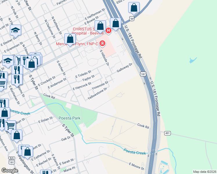 map of restaurants, bars, coffee shops, grocery stores, and more near 1402 Yellowstone Drive in Beeville