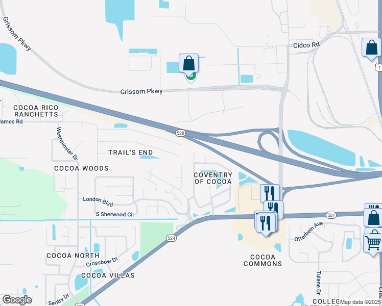 map of restaurants, bars, coffee shops, grocery stores, and more near 3150 Dunhill Drive in Cocoa