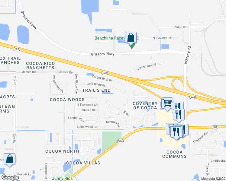 map of restaurants, bars, coffee shops, grocery stores, and more near 3293 Echo Ridge Place in Cocoa