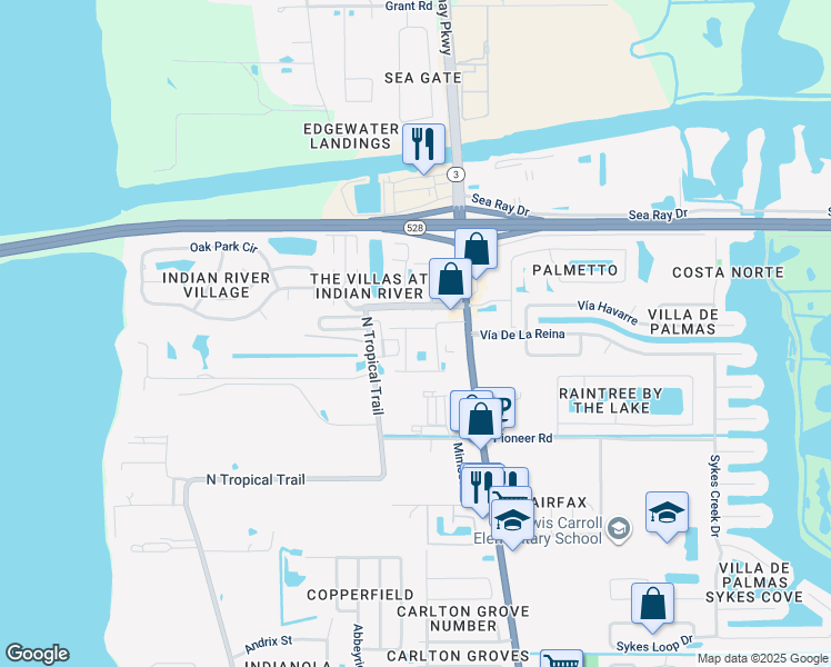 map of restaurants, bars, coffee shops, grocery stores, and more near 290 Spring Drive in Merritt Island
