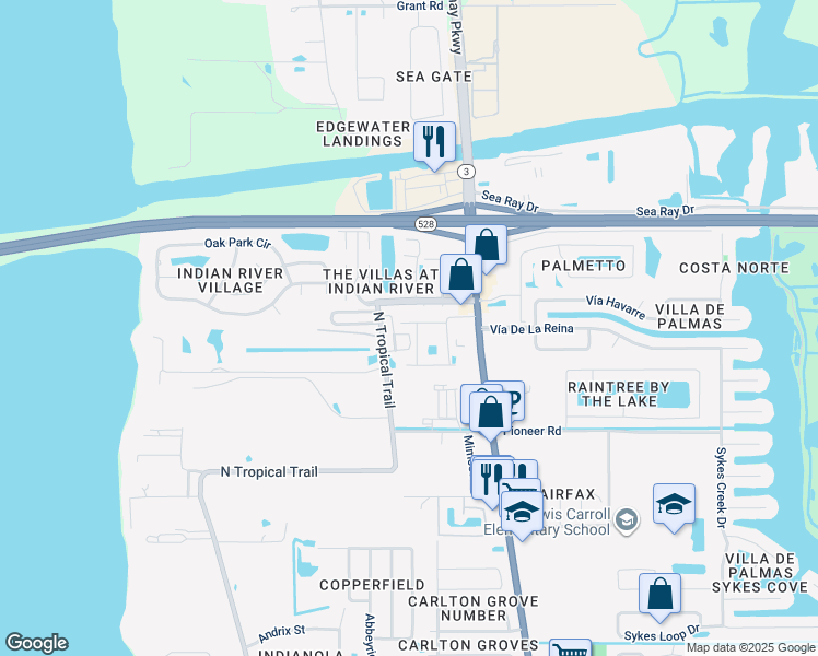 map of restaurants, bars, coffee shops, grocery stores, and more near 290 Spring Drive in Merritt Island