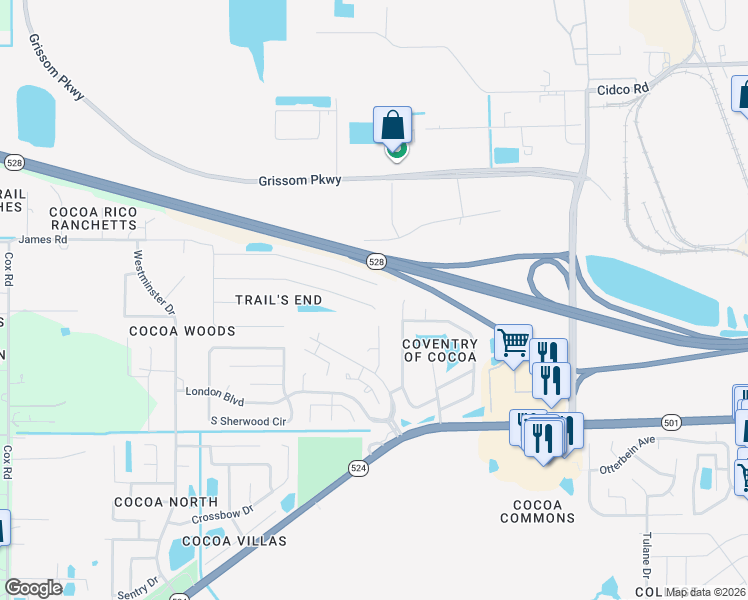 map of restaurants, bars, coffee shops, grocery stores, and more near 3151 Ispwich Drive in Cocoa